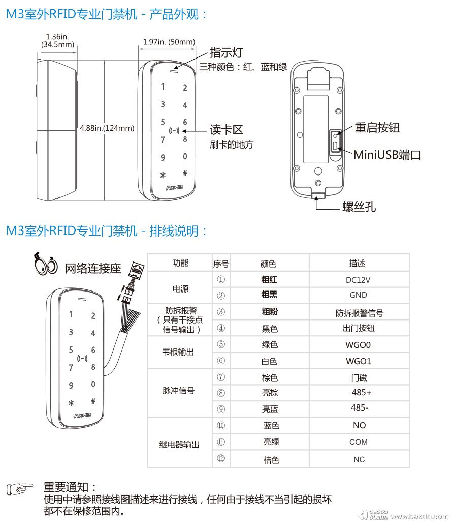 M3專業(yè)門禁機接線排線說明